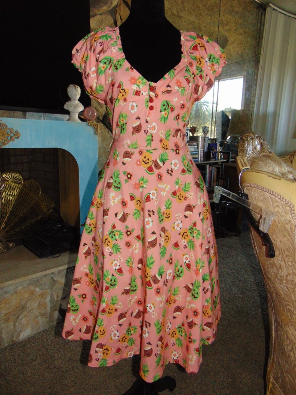 NEW Unique Vintage Pink June-o-ween Spooky TIKI Swing Dress Pin Up Halloween M